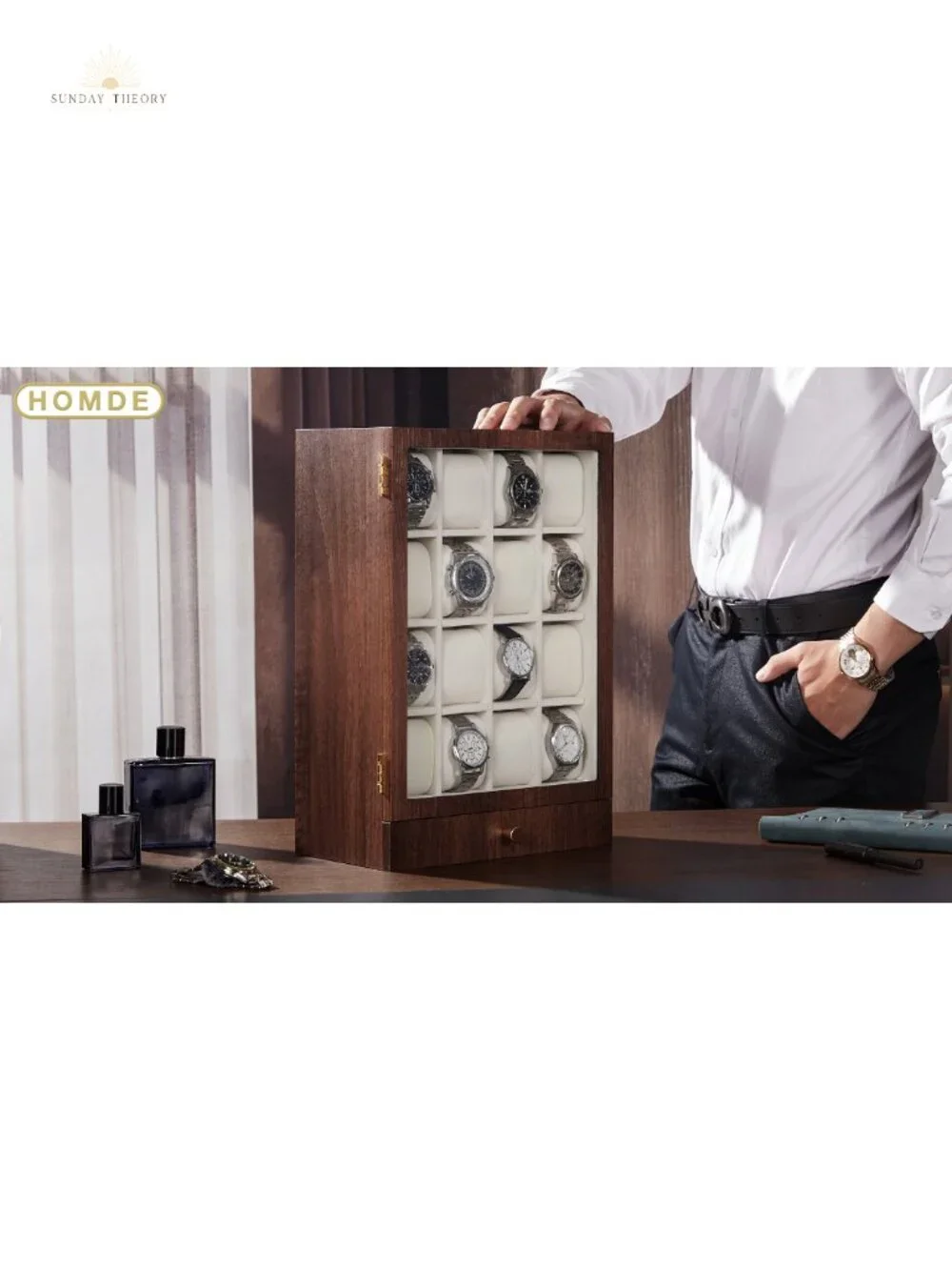 Wooden Watch Box with 16 Slots for Men Jewelry Display Case